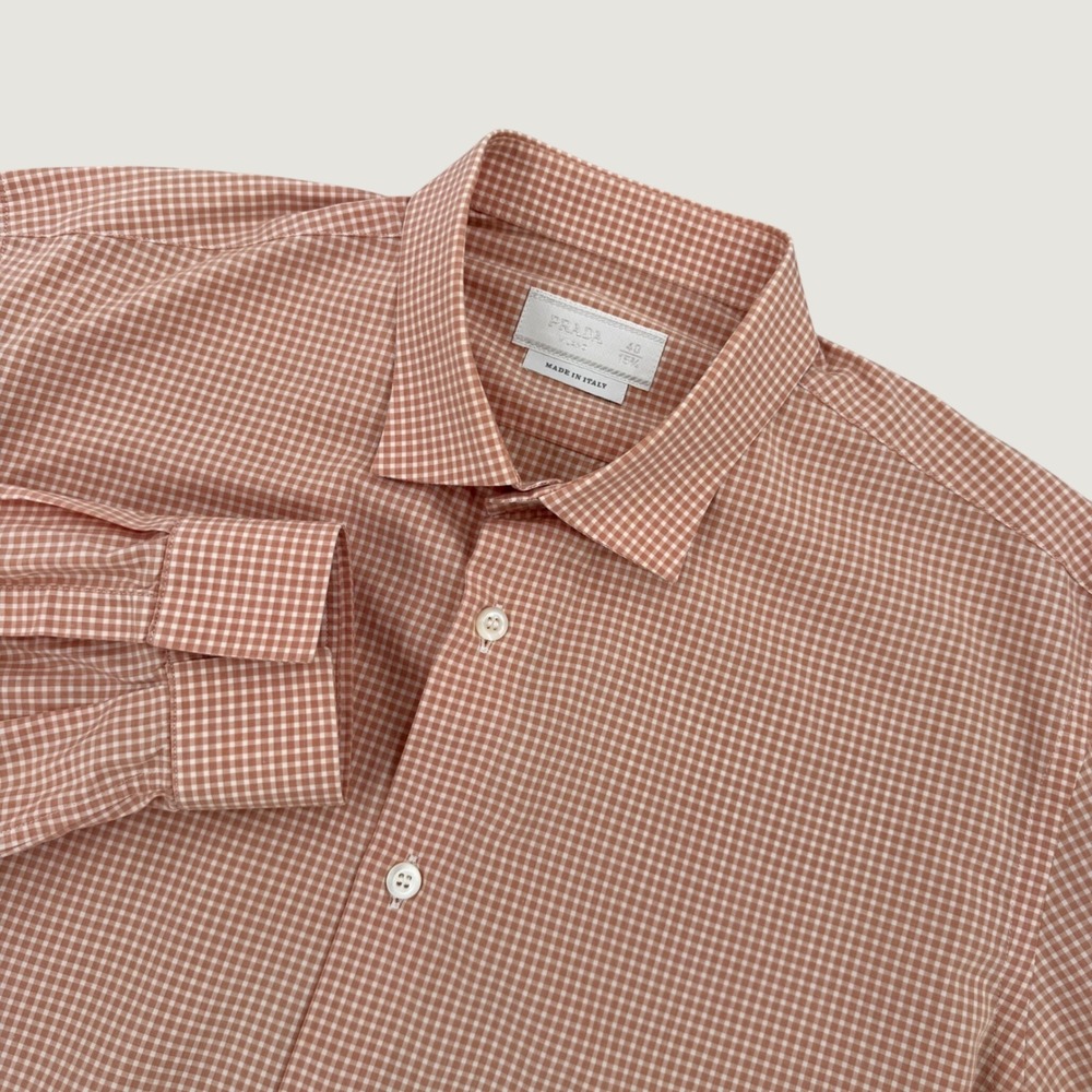 Prada Milano Button Down Shirt Mens Sz 40 15.75 / M Orange Gingham Check Italy